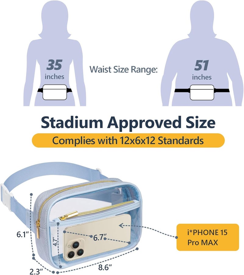 Packism Clear Fanny Pack for Women - Plus Size Wiast Range 35" - 51" Clear Belt Bag Stadium Approved PVC & Quilted Cotton Transparent Waist Bag for Sports & Concerts, Dusty Blue - Image 2